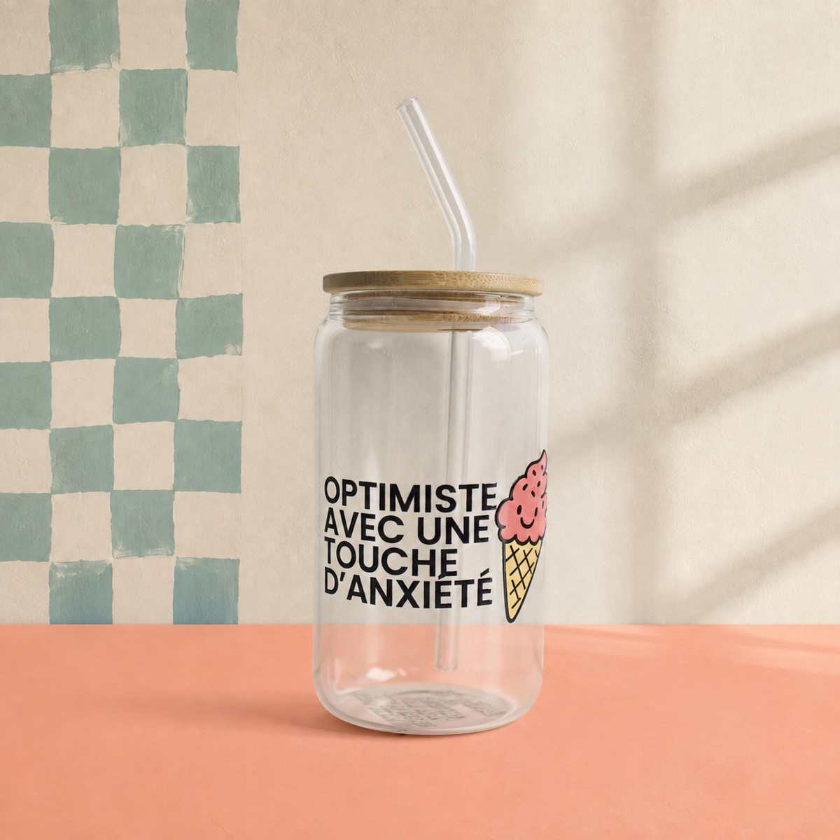 Gobelet en verre « Optimiste avec une touche d’anxiété »