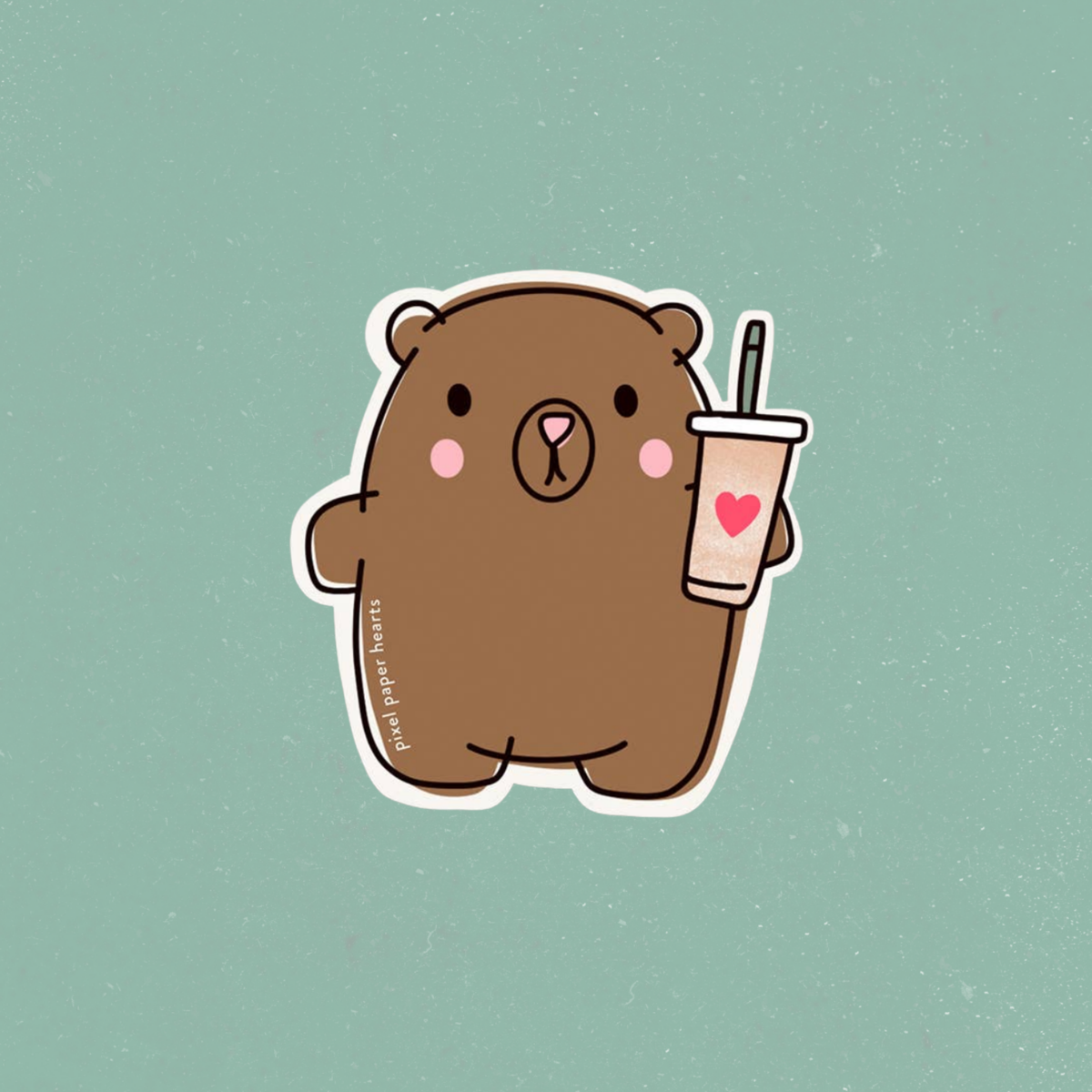 Autocollant illustré d'un ours brun tenant un café glacé, Pixel Paper Hearts, boutique Sans Filtre