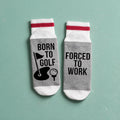 Bas de laine gris et rouge avec drapeau de golf illustre et le message Born to golf forced to work, boutique Sans Filtre