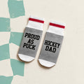 Bas de laine gris et rouge style bas de laine quebecois avec le message Proud as puck Hockey dad, boutique Sans Filtre