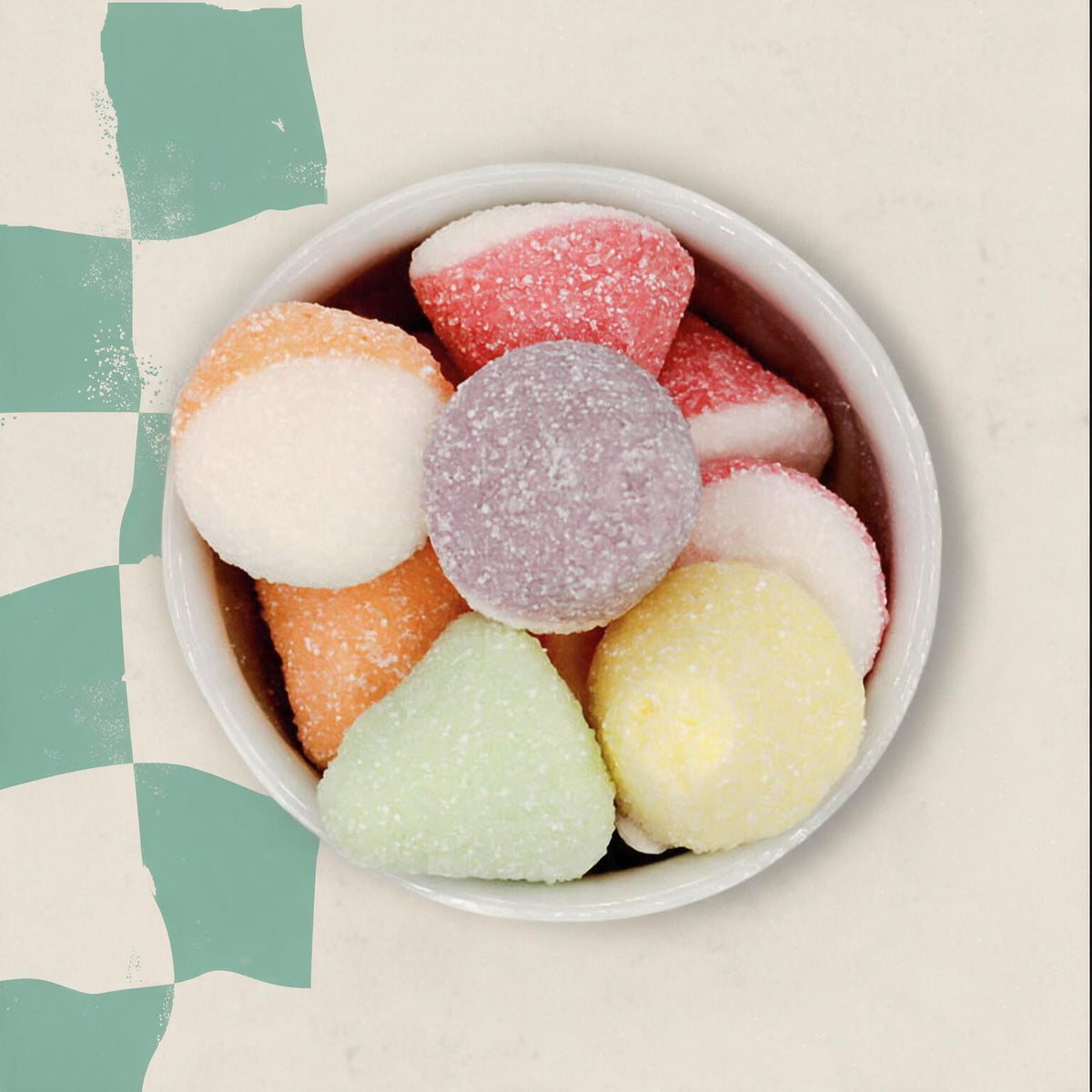 Bol de bonbons gelifies sucres pastel c est Bonbon sur fond damier vert menthe, boutique Sans Filtre