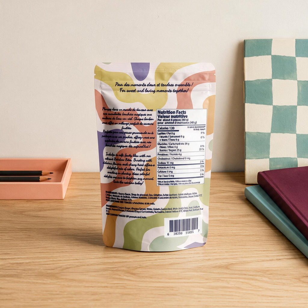 Endos du sachet c est Bonbon Bouchees Magiques Rainbow Bites avec valeur nutritive sur fond damier, boutique Sans Filtre