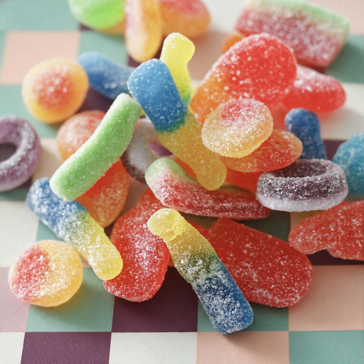 Gros plan de bonbons gelifies surs colores c est Bonbon Cocktail Sur sur fond damier, boutique Sans Filtre