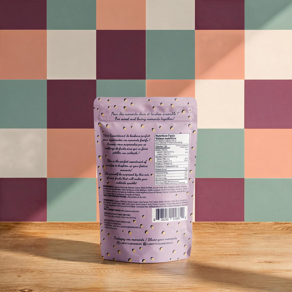 Endos du sachet c est Bonbon Cocktail Sur avec valeur nutritive sur fond damier colore, boutique Sans Filtre