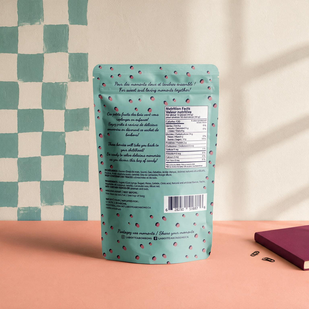Endos du sachet c est Bonbon Framboises avec valeur nutritive sur fond damier et terracotta, boutique Sans Filtre