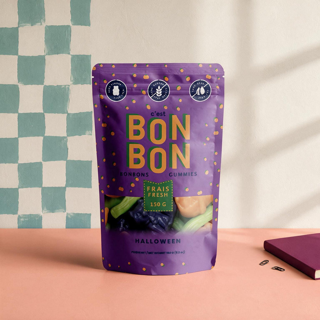 Sachet c est Bonbon Halloween 150 g sur fond damier et terracotta, boutique Sans Filtre