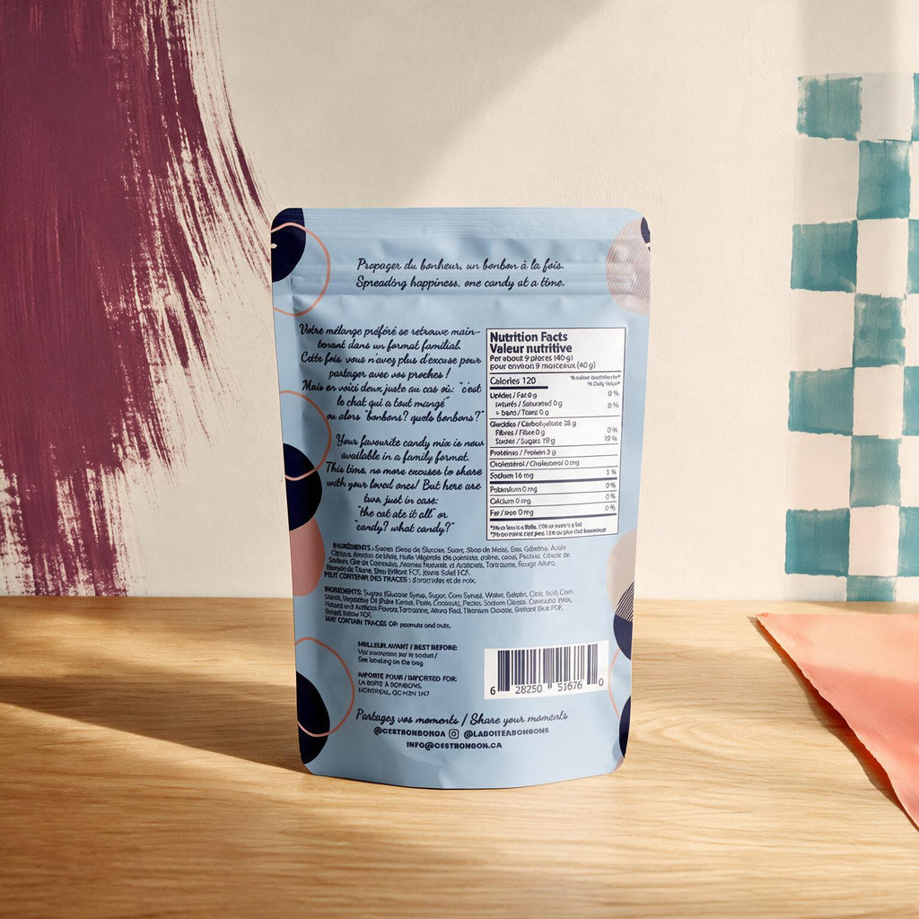 Endos du sachet c est Bonbon Melange Doux avec valeur nutritive sur fond bordeaux, boutique Sans Filtre