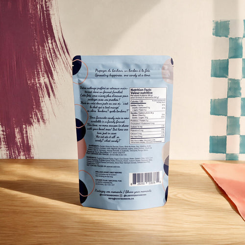 Endos du sachet c est Bonbon Melange Doux avec valeur nutritive sur fond bordeaux, boutique Sans Filtre