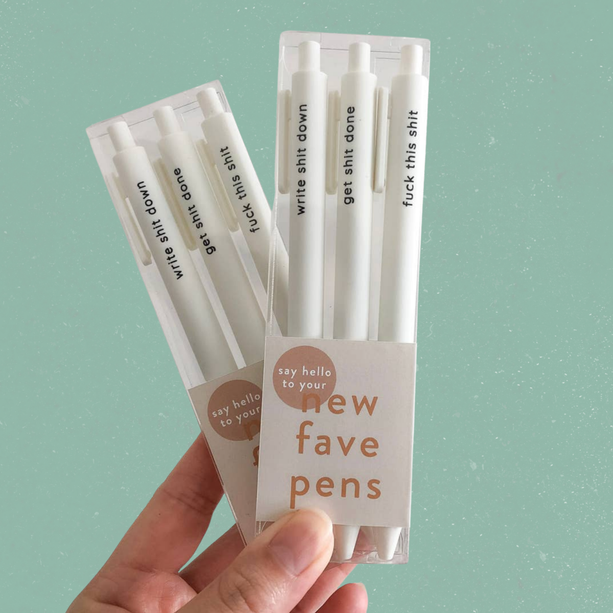 Ensemble de trois stylos gel blancs dans son emballage New Fave Pens, boutique Sans Filtre