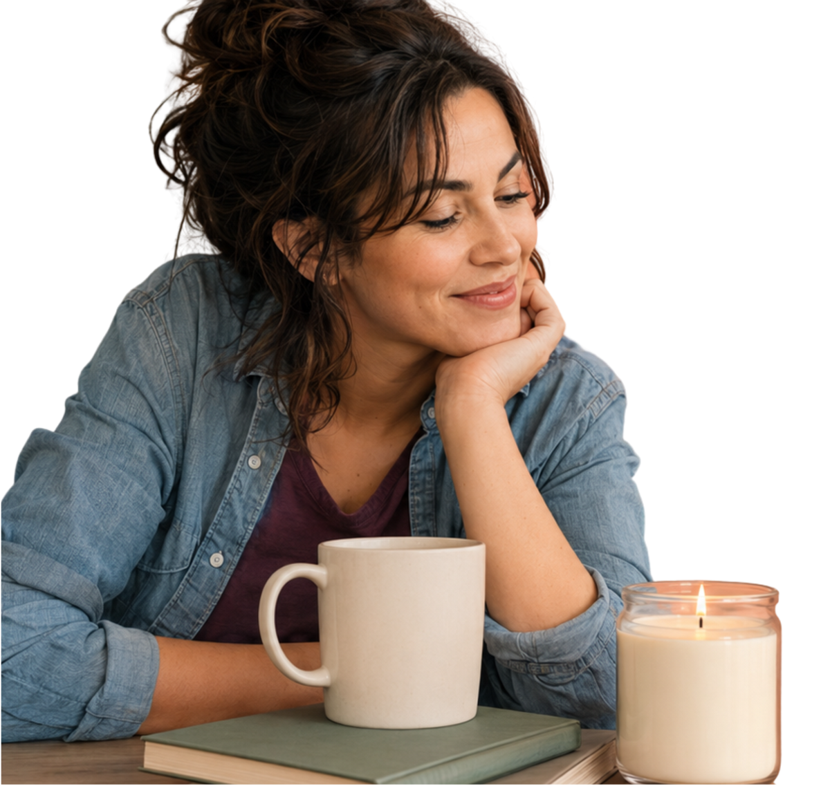 Femme profitant d’un moment de détente avec une tasse et une bougie allumée.