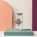 Gobelet en verre « Café, chaos, covoiturage, hockey »