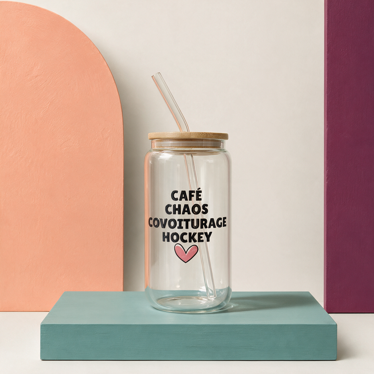 Gobelet en verre « Café, chaos, covoiturage, hockey »