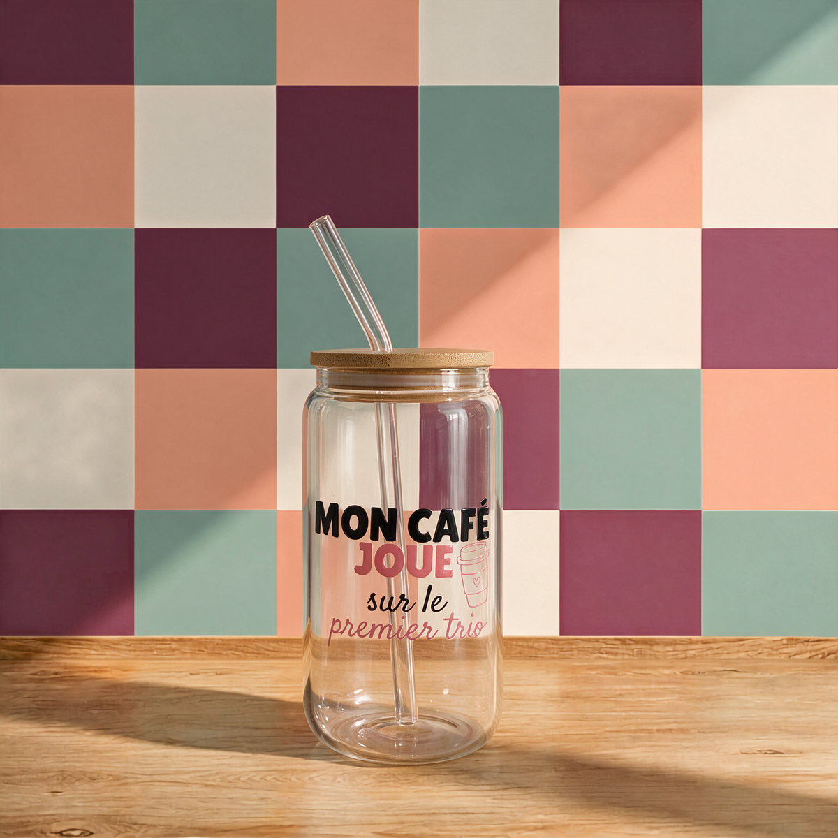 Gobelet en verre « Mon café joue sur le premier trio »