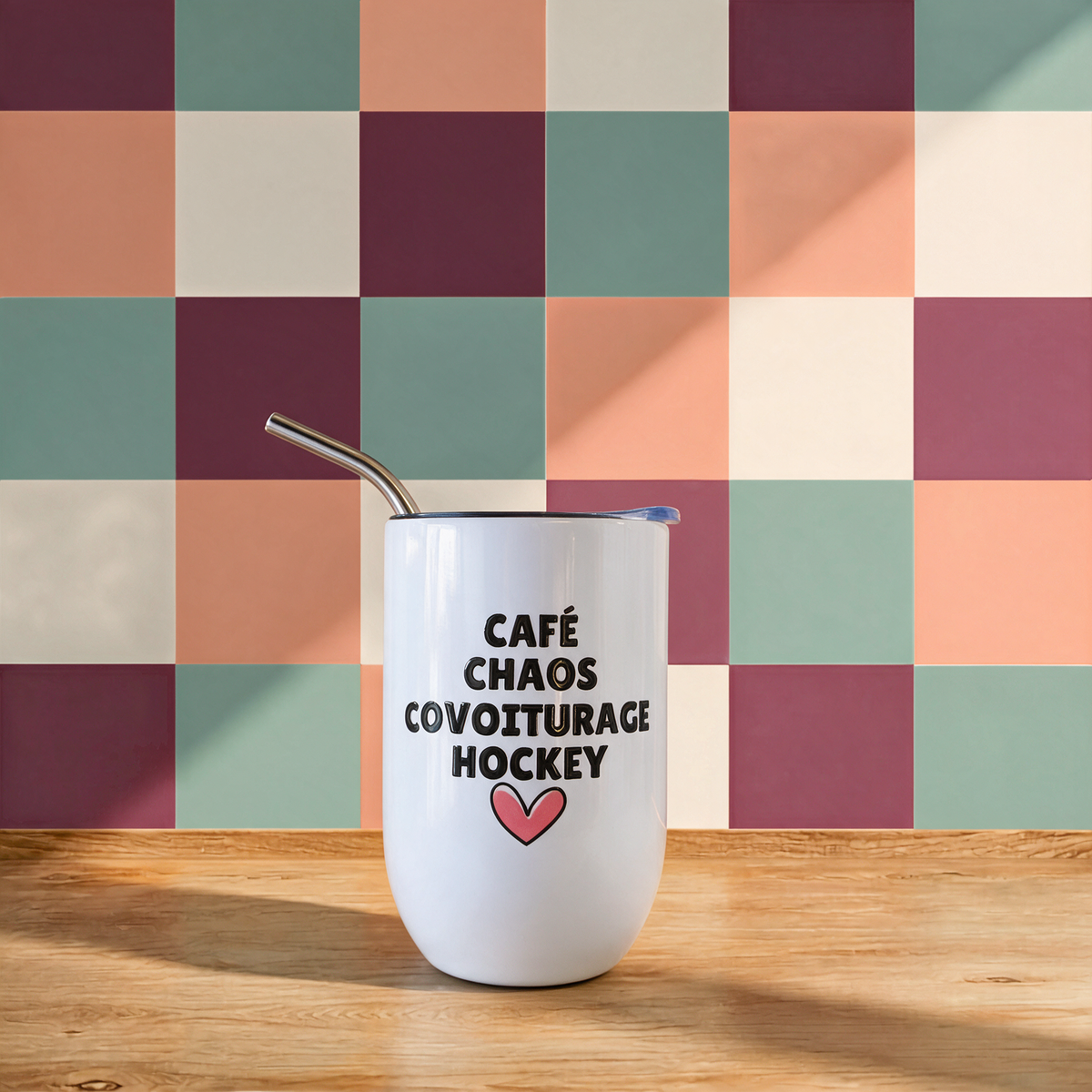 Verre à vin « Café, chaos, covoiturage, hockey »