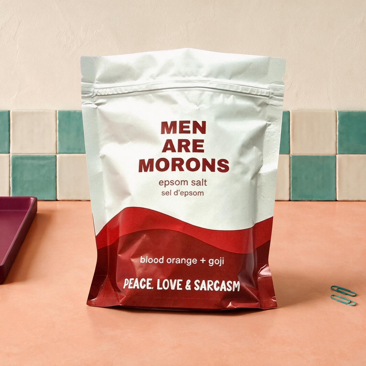 Sachet de sel d'epsom orange sanguine et goji Men are morons de Peace, Love & Sarcasm, boutique Sans Filtre