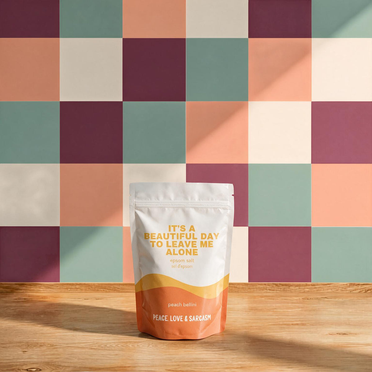 Sachet de sel d'epsom peach bellini It's a beautiful day to leave me alone de Peace, Love & Sarcasm, boutique Sans Filtre