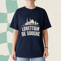 T-shirt bleu marine avec eglise de Loretteville illustree et le message Lorettain de souche, boutique Sans Filtre