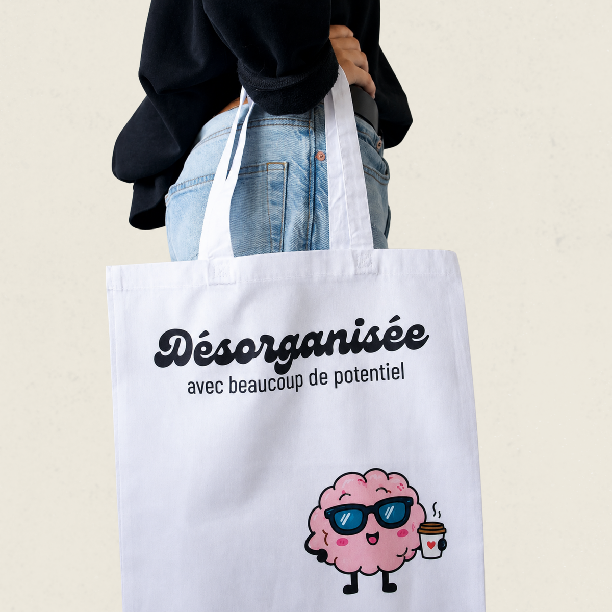 Sac fourre-tout blanc Desorganisee avec beaucoup de potentiel et cerveau illustre a lunettes, boutique Sans Filtre