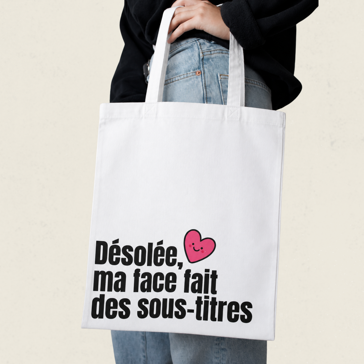 Sac fourre-tout blanc avec le message Desolee ma face fait des sous-titres, boutique Sans Filtre