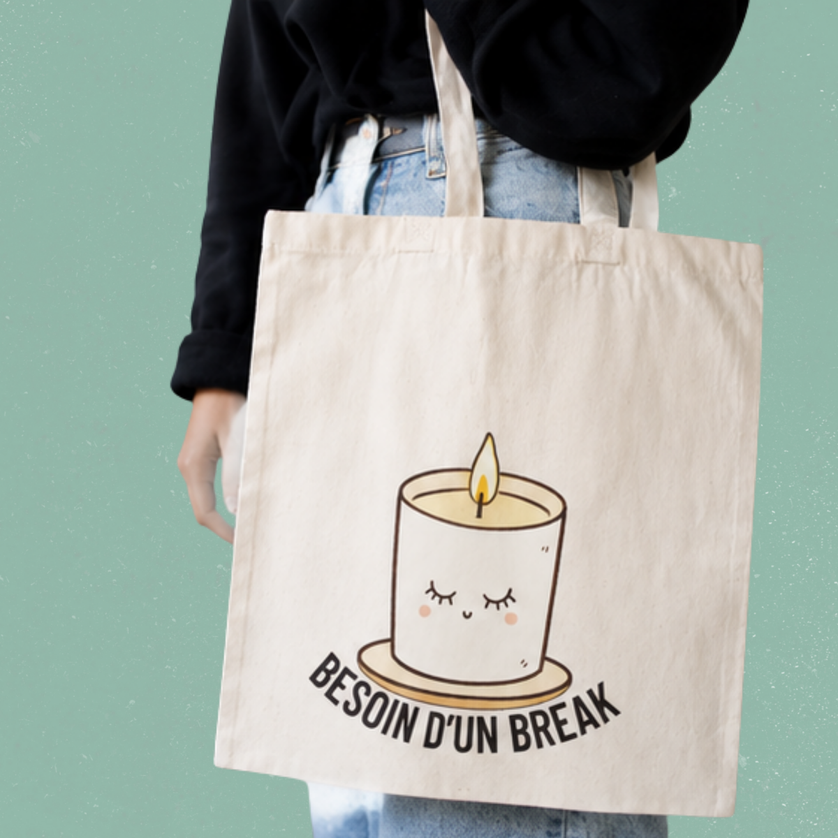 Sac fourre-tout ecru avec chandelle illustree et le message Besoin d'un break, boutique Sans Filtre