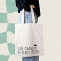 Sac fourre-tout ecru avec illustration de tasse de cafe et le message Cafe chaud, patience froide, boutique Sans Filtre