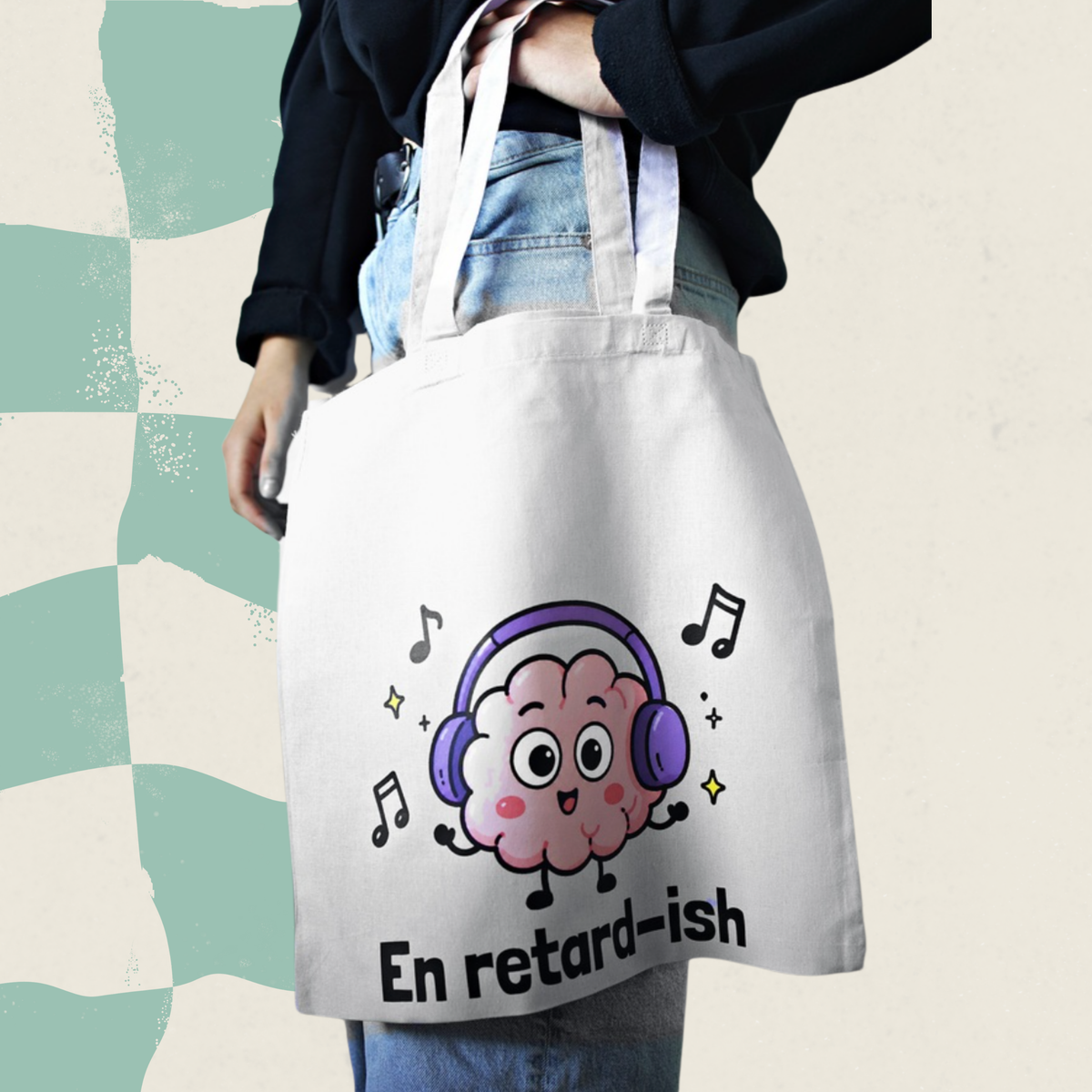 Sac fourre-tout écru En retard-ish avec illustration de cerveau à écouteurs, boutique Sans Filtre