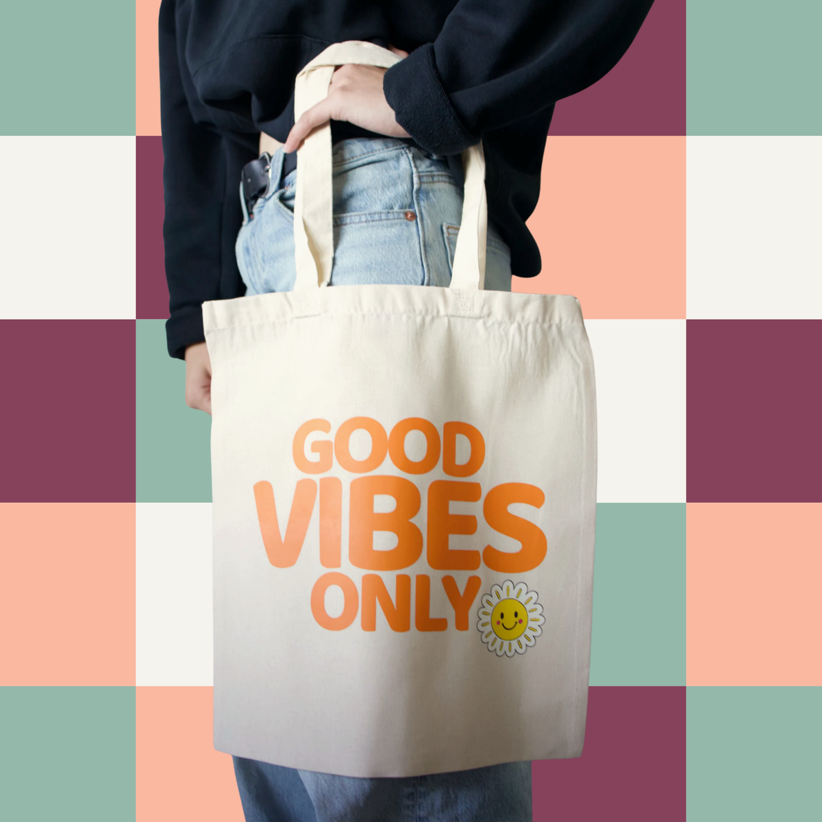 Sac fourre-tout ecru Good Vibes Only avec marguerite souriante, boutique Sans Filtre