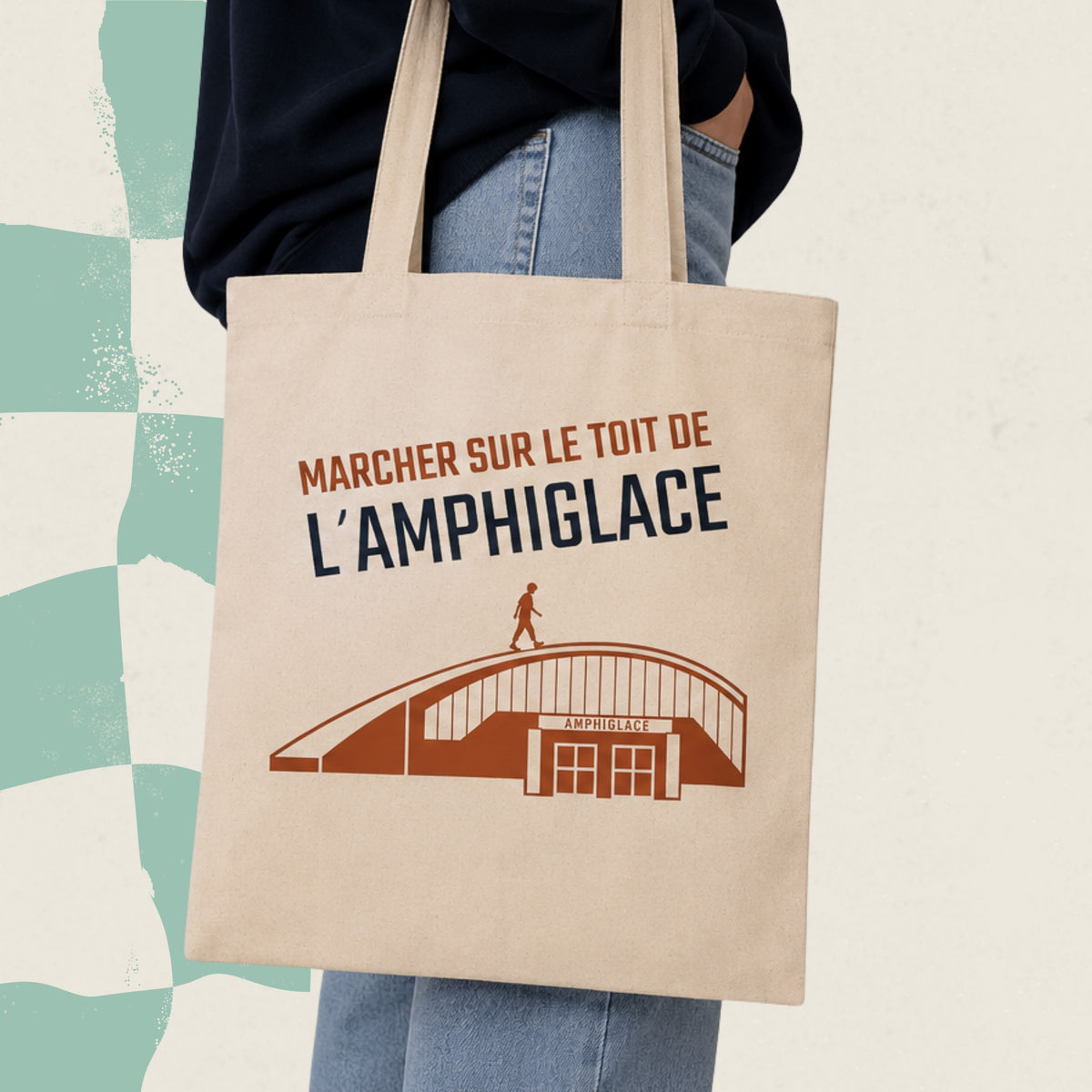 Sac fourre-tout ecru avec l'Amphiglace illustre et le message Marcher sur le toit de l'Amphiglace, boutique Sans Filtre