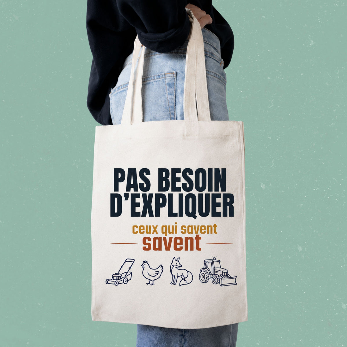 Sac fourre-tout ecru avec illustrations agricoles et le message Pas besoin d'expliquer ceux qui savent savent, boutique Sans Filtre
