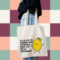Sac fourre-tout ecru avec citron illustre et le message Si la vie te donne des citrons fais-toi de la limonade, boutique Sans Filtre