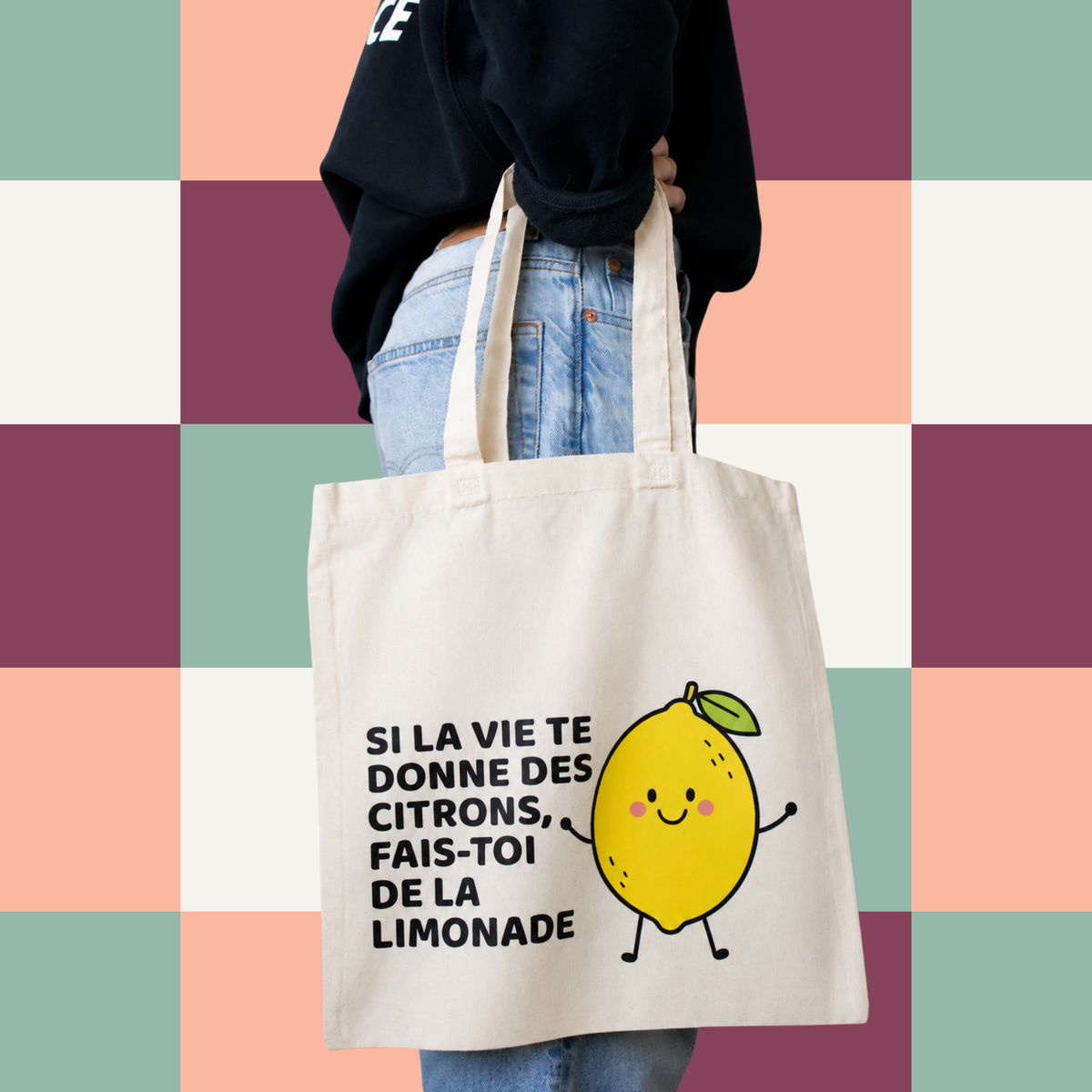 Sac fourre-tout ecru avec citron illustre et le message Si la vie te donne des citrons fais-toi de la limonade, boutique Sans Filtre