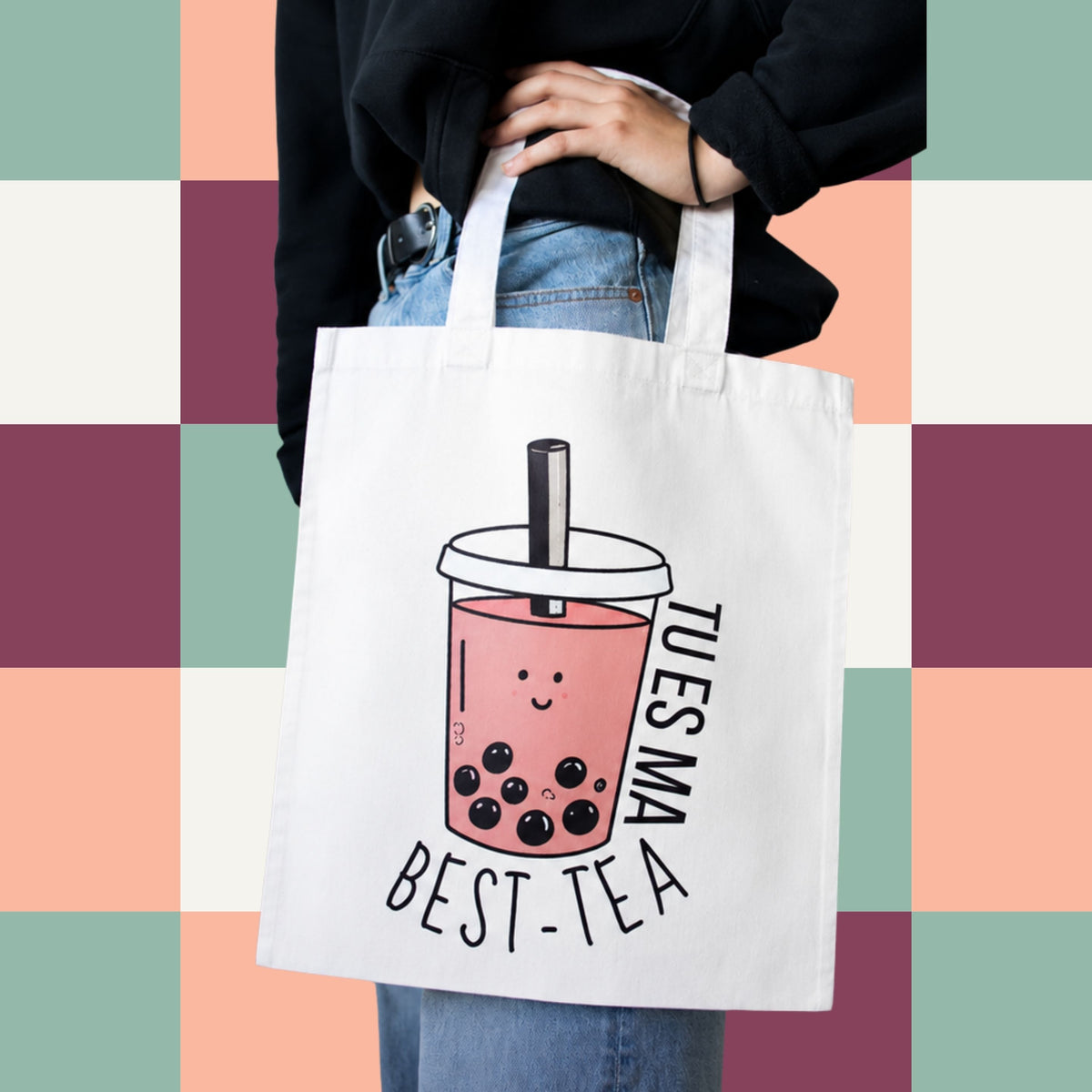 Sac fourre-tout ecru avec illustration de bubble tea et le message Tu es ma best-tea, boutique Sans Filtre