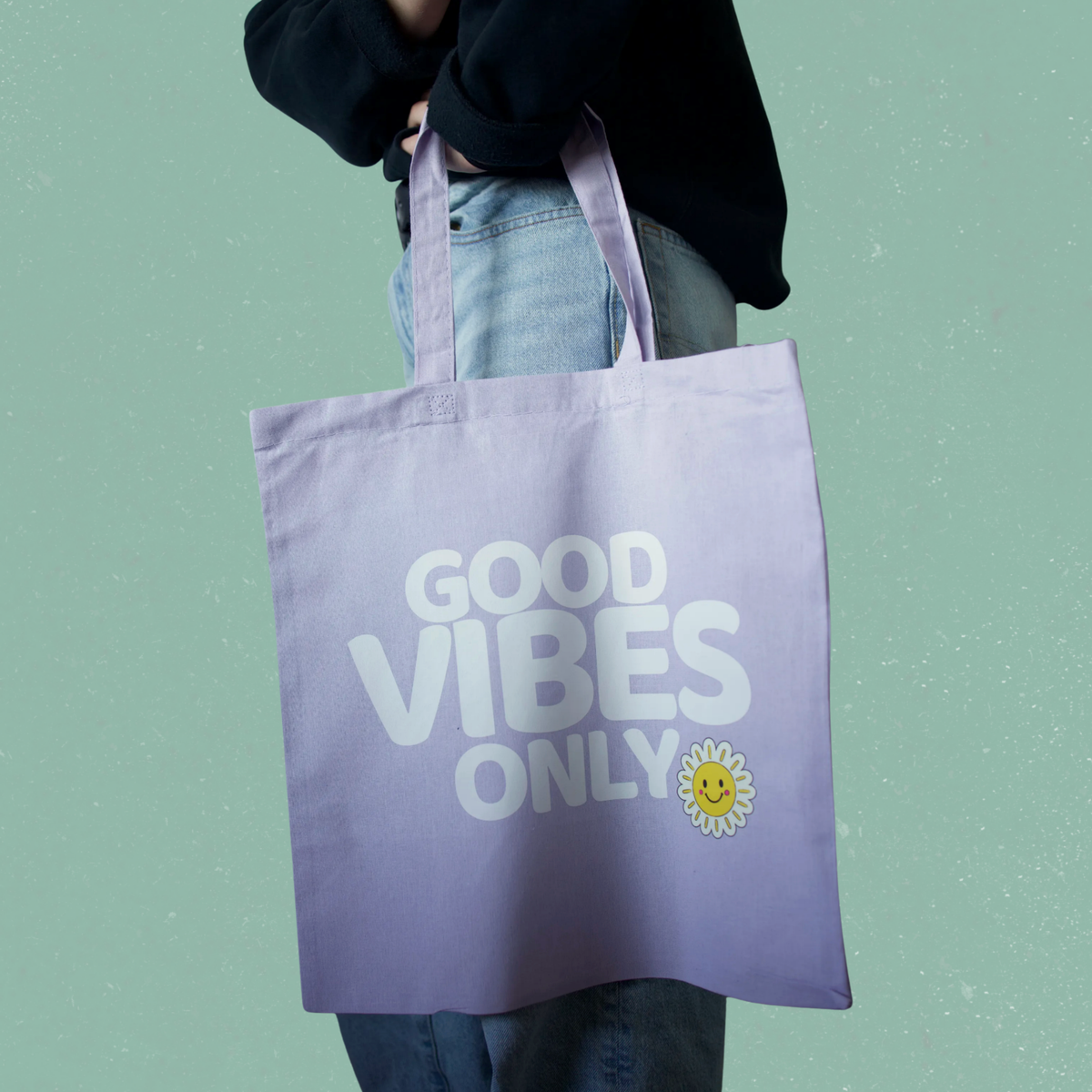 Sac fourre-tout lilas Good Vibes Only avec marguerite souriante, boutique Sans Filtre