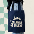 Sac fourre-tout bleu marine avec eglise illustree et le message Lorettain de souche, boutique Sans Filtre