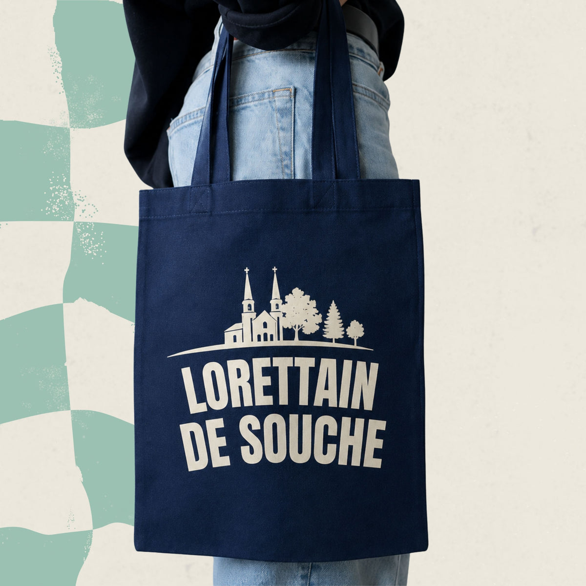 Sac fourre-tout bleu marine avec eglise illustree et le message Lorettain de souche, boutique Sans Filtre