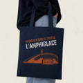 Sac fourre-tout bleu marine avec l'Amphiglace illustre et le message Marcher sur le toit de l'Amphiglace, boutique Sans Filtre