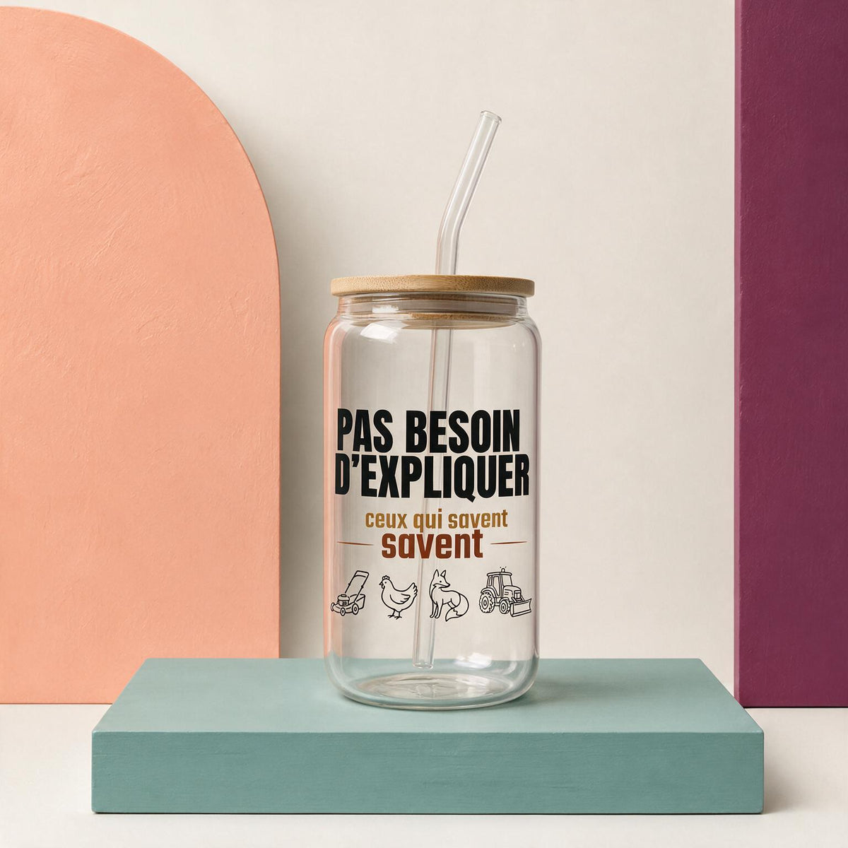 Verre en verre avec couvercle de bambou et paille, message Pas besoin d'expliquer ceux qui savent savent avec illustrations agricoles, boutique Sans Filtre