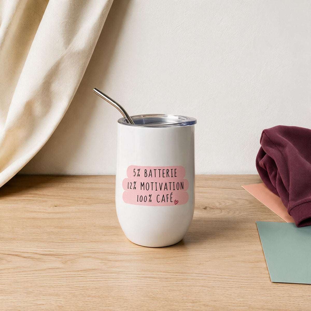 Verre isotherme blanc avec le message 5% batterie 12% motivation 100% cafe, boutique Sans Filtre