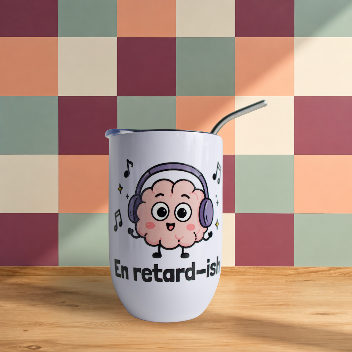 Verre isotherme blanc En retard-ish avec illustration de cerveau a ecouteurs, boutique Sans Filtre