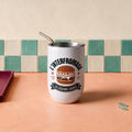 Verre isotherme blanc avec burger illustre et le message L'Interfromage la legende locale, boutique Sans Filtre
