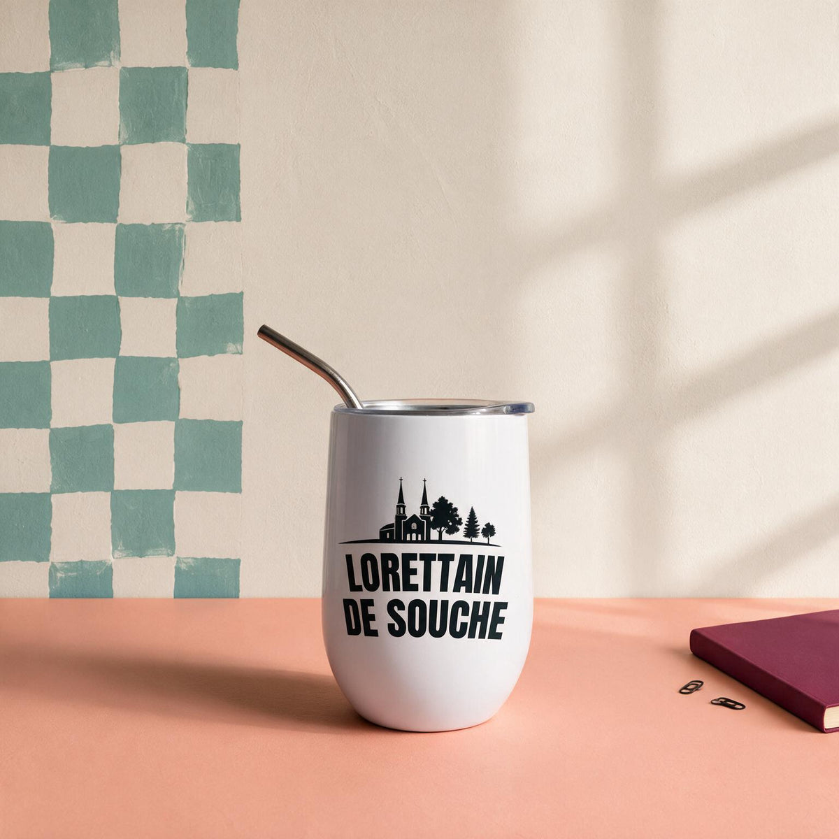 Verre isotherme blanc avec eglise illustree et le message Lorettain de souche, boutique Sans Filtre