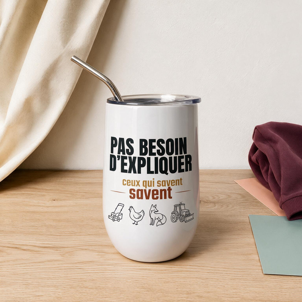 Verre isotherme blanc avec illustrations agricoles et le message Pas besoin d'expliquer ceux qui savent savent, boutique Sans Filtre